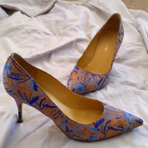 Cork summer heels blue floral print size 10
